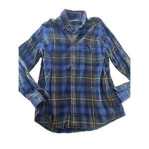 Lands End Mens Flannel‎ Shirt Blue Green Plaid Button Down Long Sleeve XL